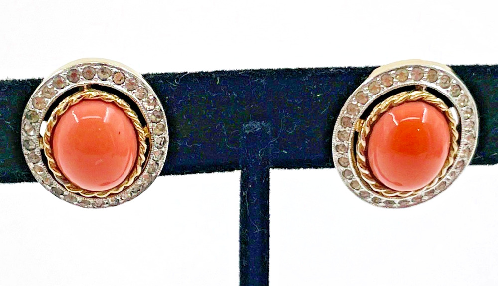 Vtg Signed Panetta Clip Earrings in Gold & Silver w/ Rhinestone & Coral Stones